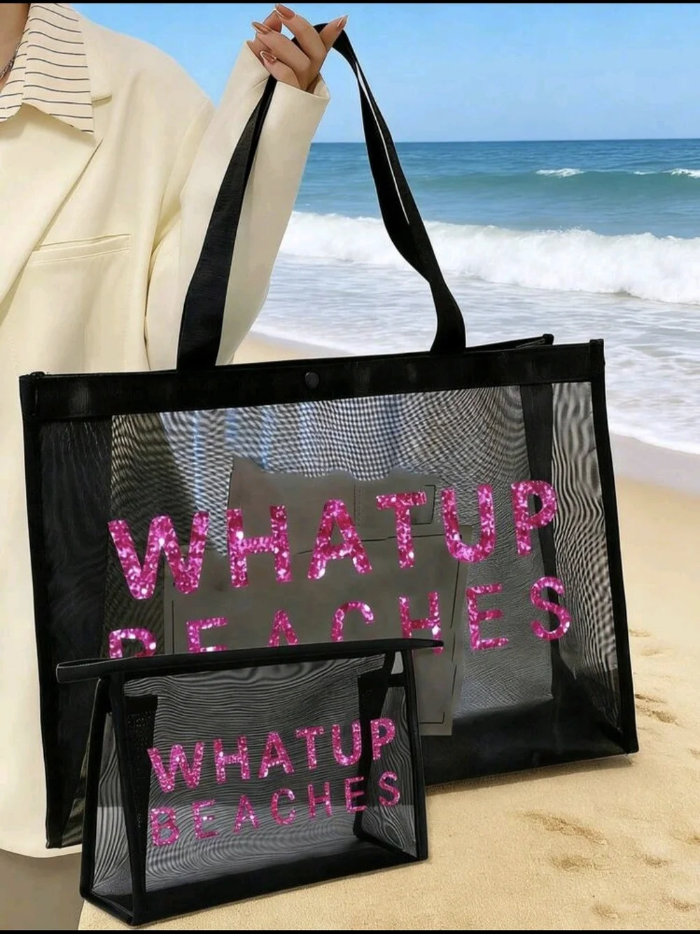Black Mesh Tote Bag with Pink 'WHATUP BEACHES' Text